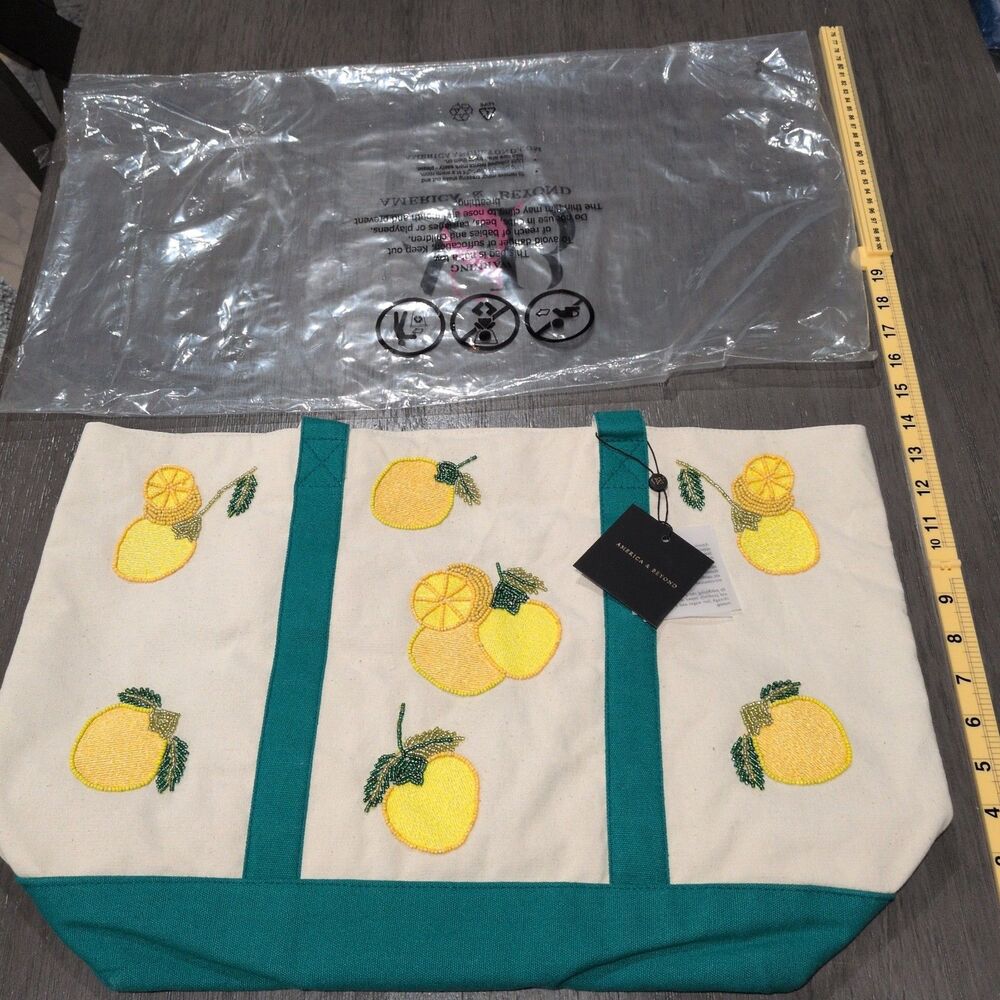 America & Beyond Beaded Canvas Tote - Lemon Print & Teal Accent NWT